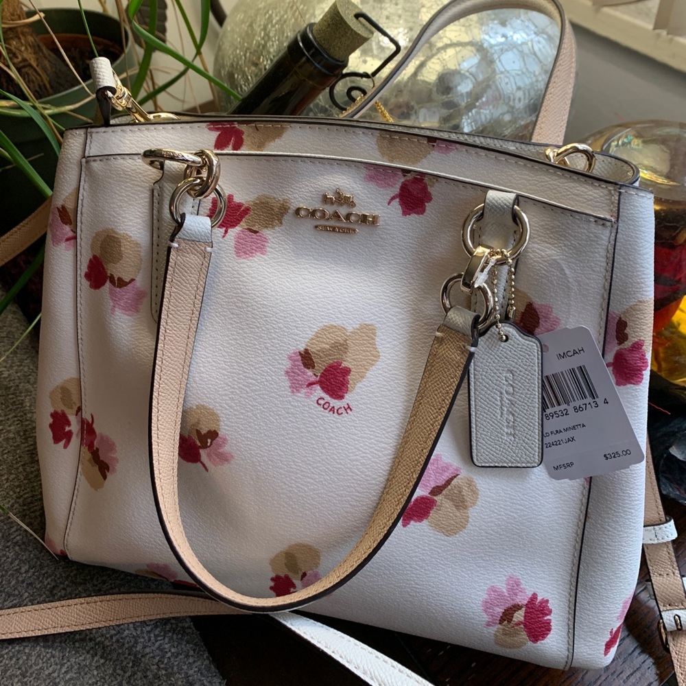 Coach Floral Print Crossbody Bag - Cream, Pink, Tan